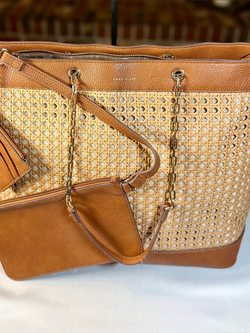 Anne Klein Tan & Natural Woven Tote with Gold Chain Detail